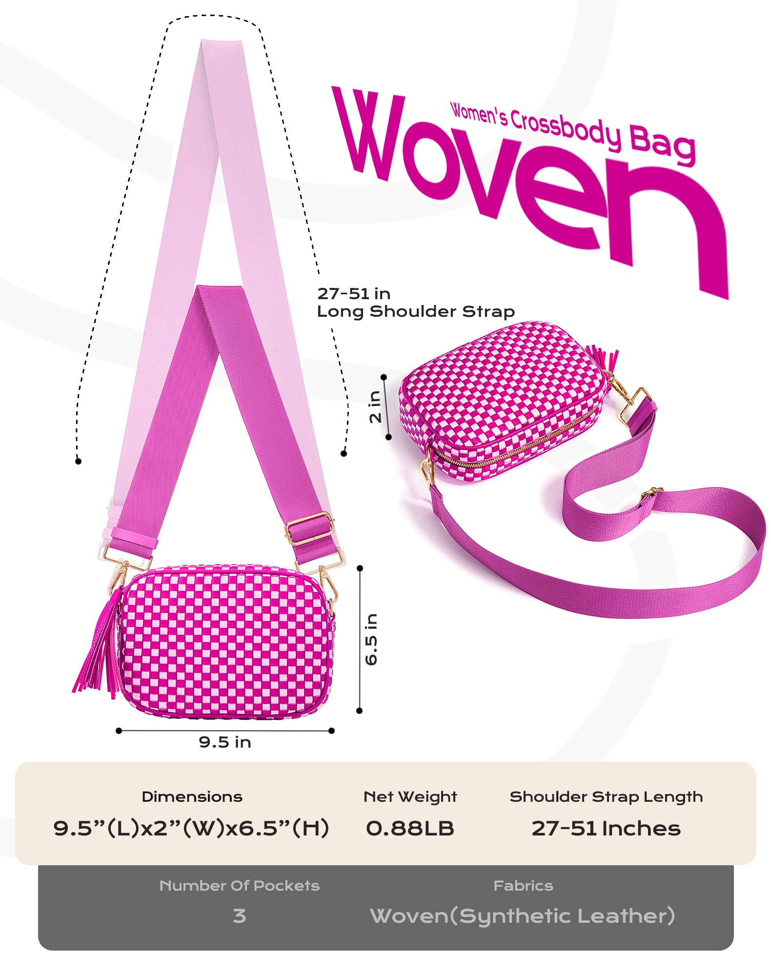 Ounamei PU Leather Woven Crossbody Bag | Checkered Shoulder & Belt Bag for Women