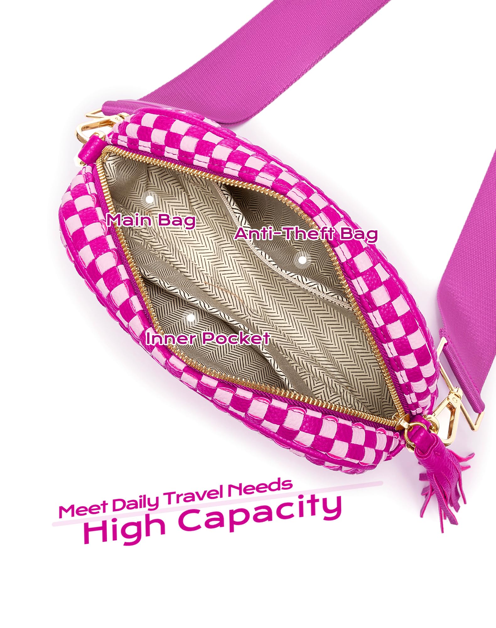 Ounamei PU Leather Woven Crossbody Bag | Checkered Shoulder & Belt Bag for Women