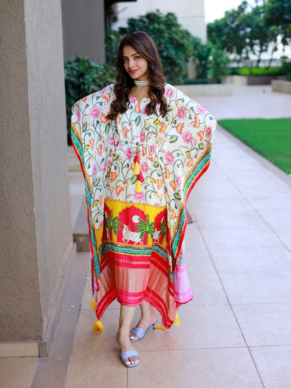 White Color Digital Printed Pure Gaji Silk Kaftan Dresses - qivii