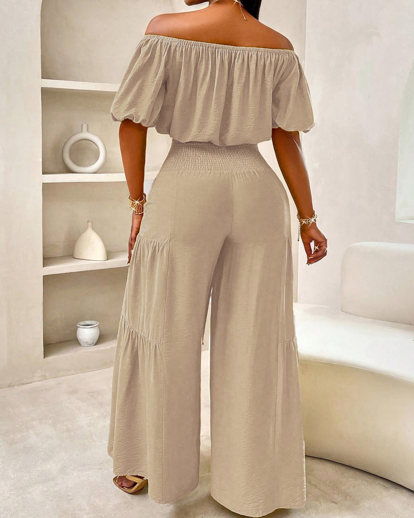Off Shoulder Crop Top Waist Tie Front Tiered Wide Leg Pants Two Piece Set - By Qivii