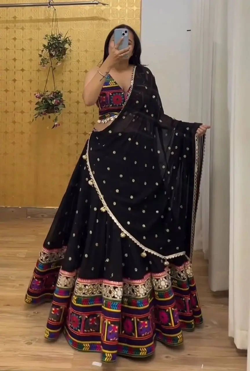 Bold In Black Chain Stitch Embroidery & Mirror Work Georgette Navratri Lehenga