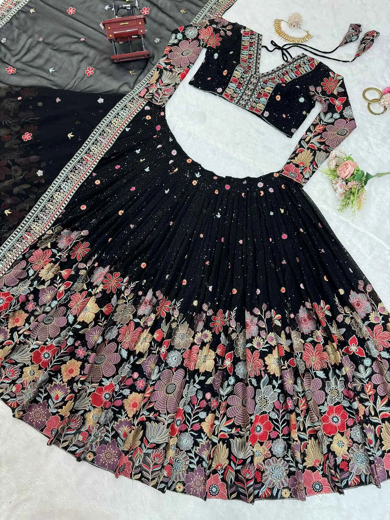 Most Trendy Black Multi Floral Embroidery Work Lehenga With Dupatta - qivii