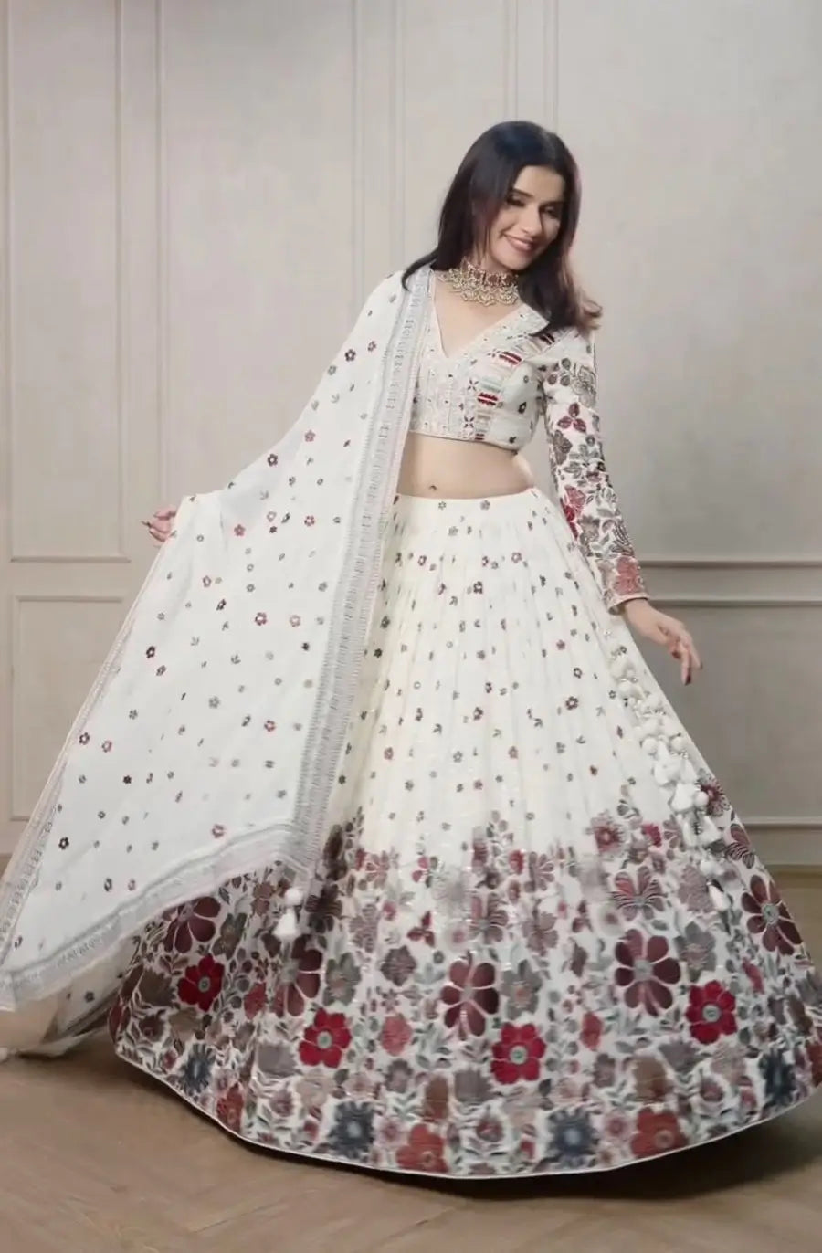 Wonderful White Multi Floral Embroidery Work Lehenga With Dupatta - qivii