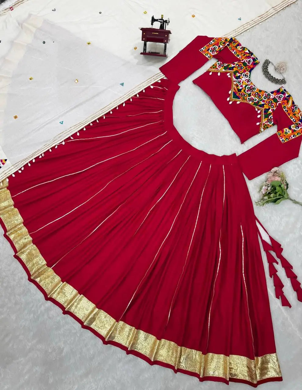 Red Chain Stitch With Real Mirror Work Rayon Navratri Lehenga Choli