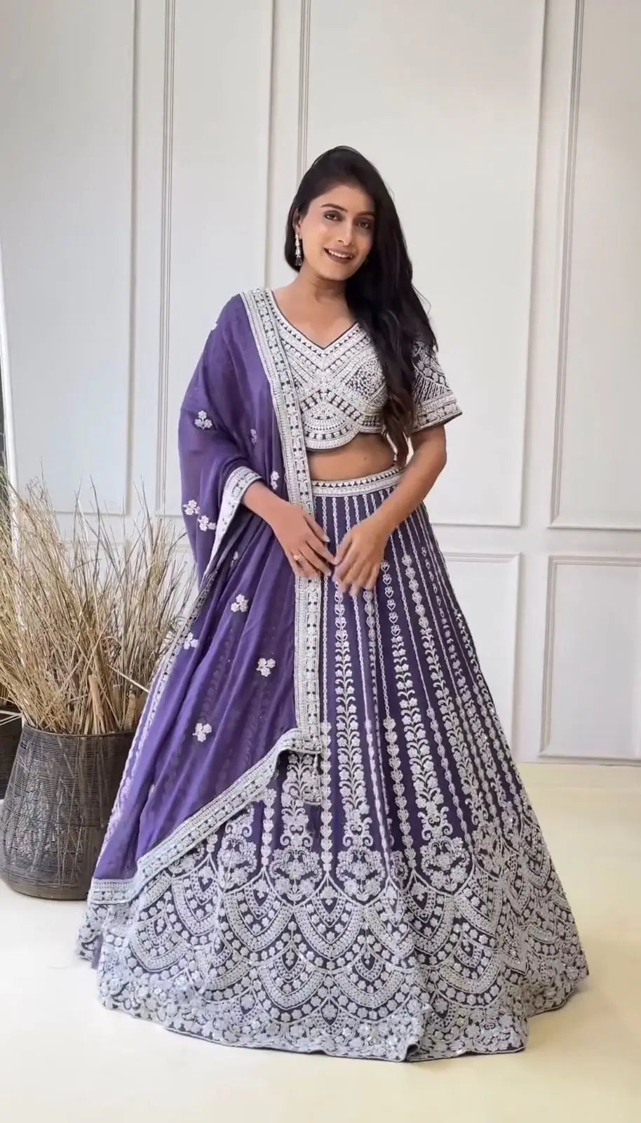 Twilight Purple Cording Embroidery Work Lehenga With Dupatta - qivii