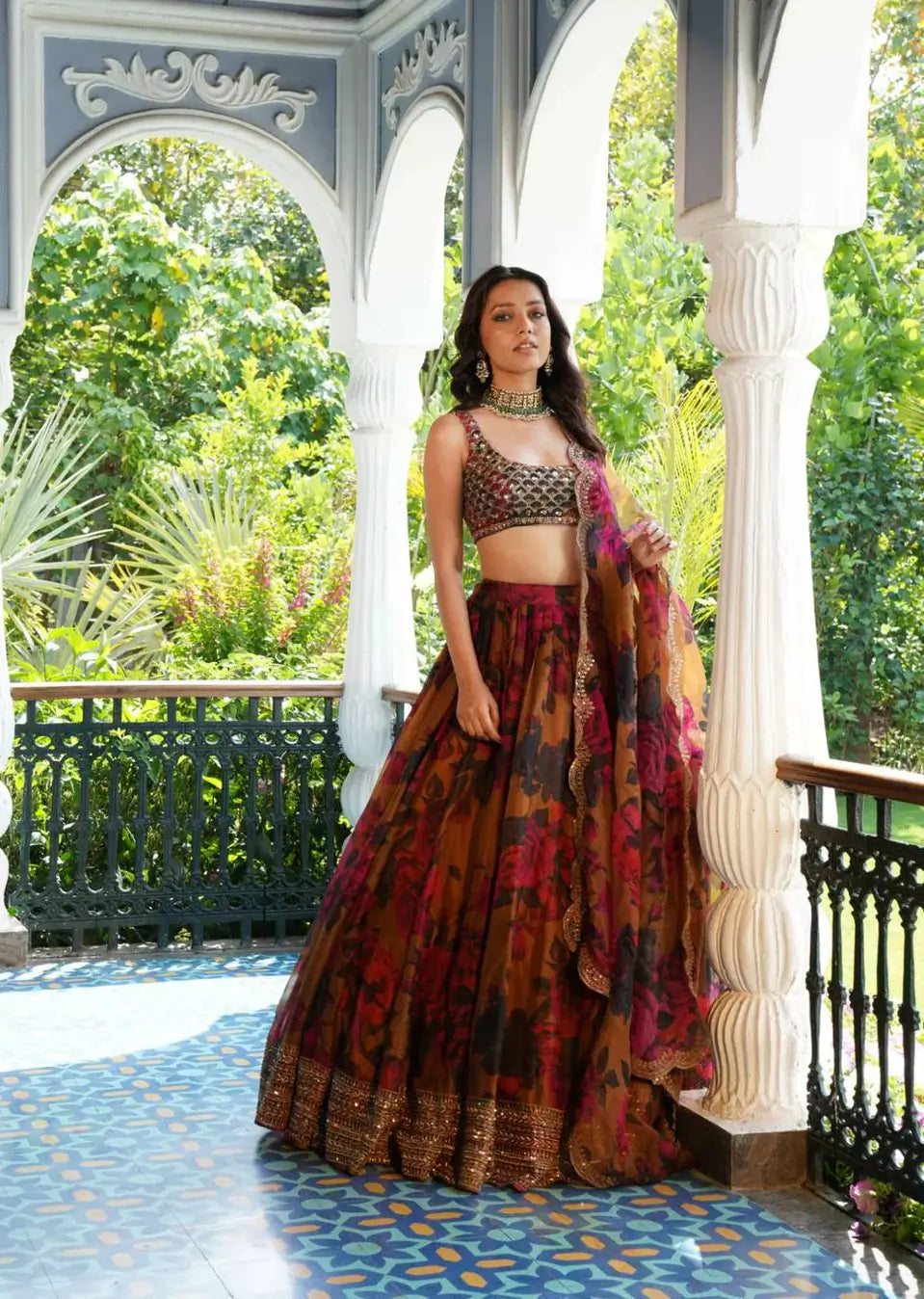 Brownish Yellow Floral Print With Embroidery Work Lehenga And Dupatta - qivii