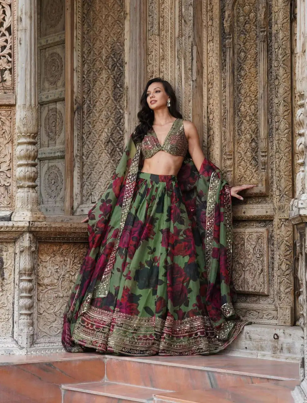Greyish Green Floral Print With Embroidery Work Lehenga And Dupatta - qivii