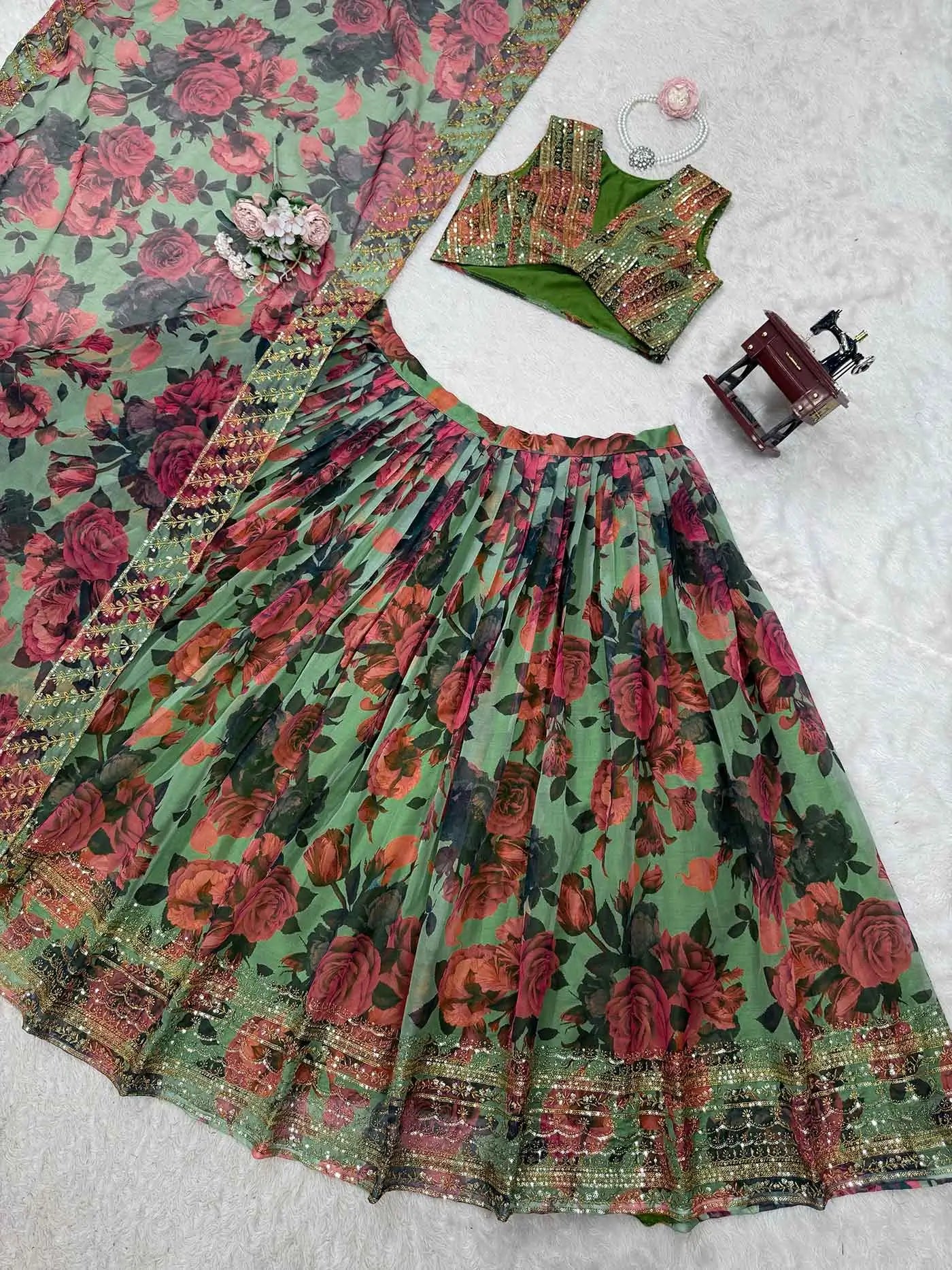 Greyish Green Floral Print With Embroidery Work Lehenga And Dupatta - qivii