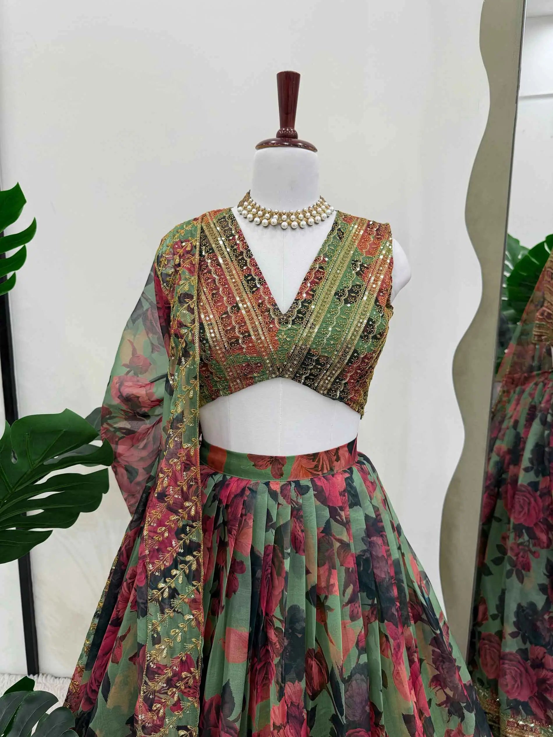 Greyish Green Floral Print With Embroidery Work Lehenga And Dupatta - qivii