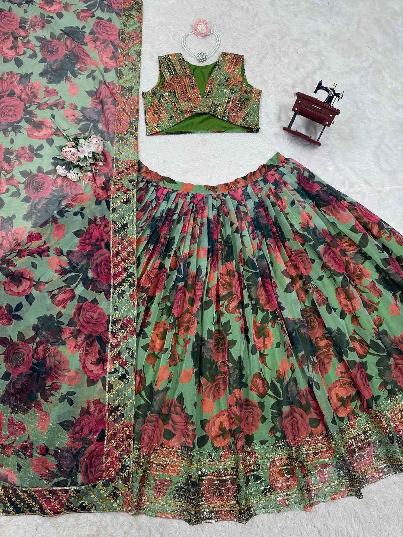 Greyish Green Floral Print With Embroidery Work Lehenga And Dupatta - qivii