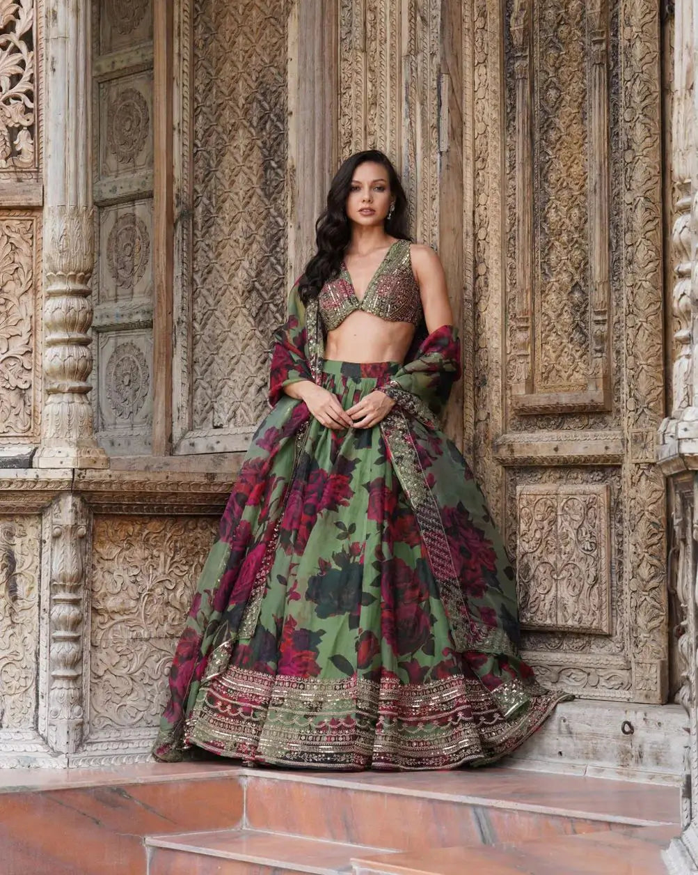 Greyish Green Floral Print With Embroidery Work Lehenga And Dupatta - qivii
