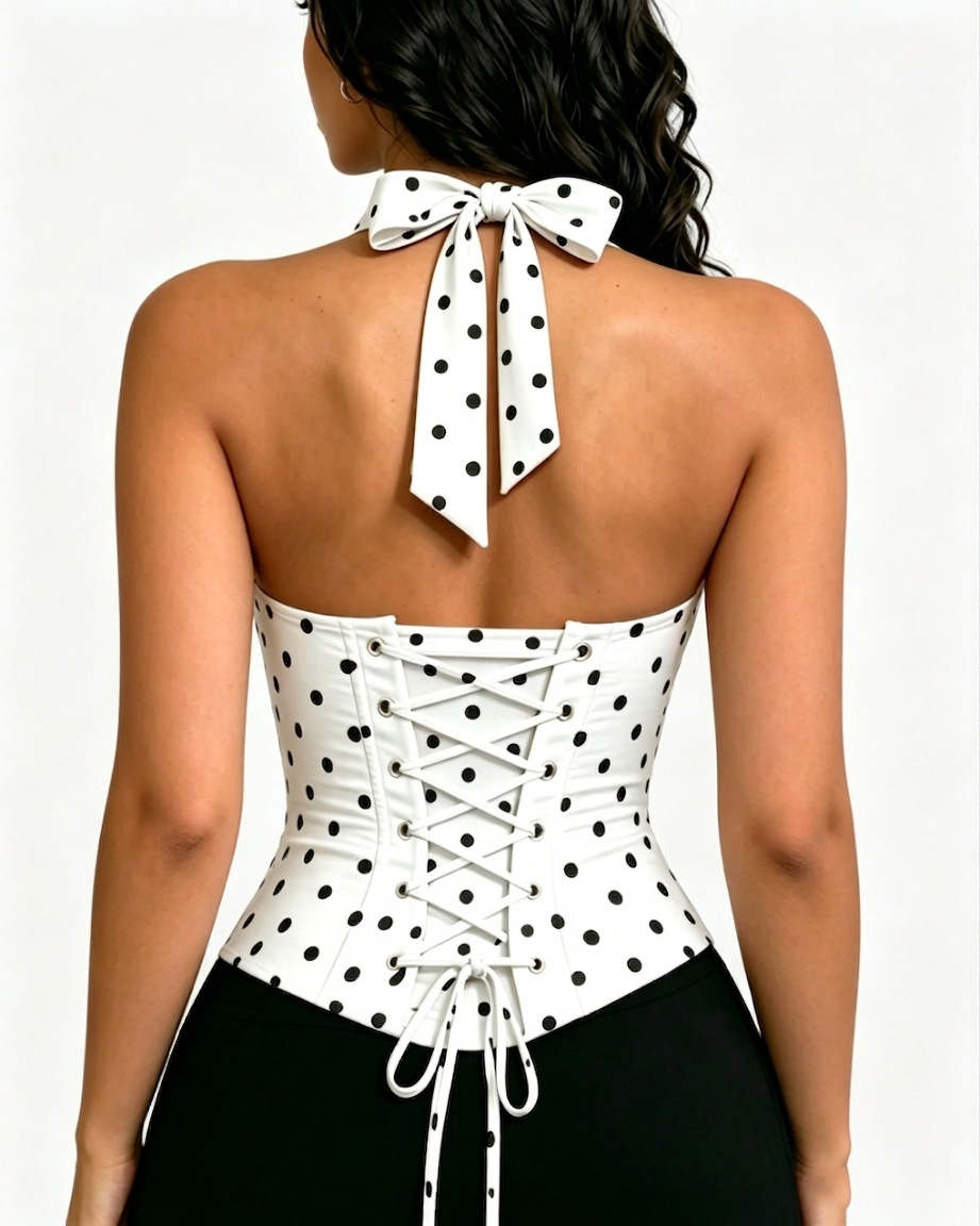 Polka Dot Lace Trim Halter Corset Top with Lace Up Back - By Qivii
