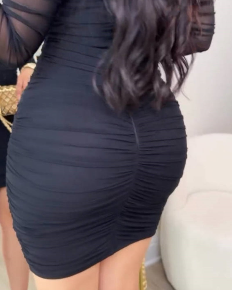 Sexy Mesh Long Sleeve Ruched Bodycon Mini Dress - By Qivii