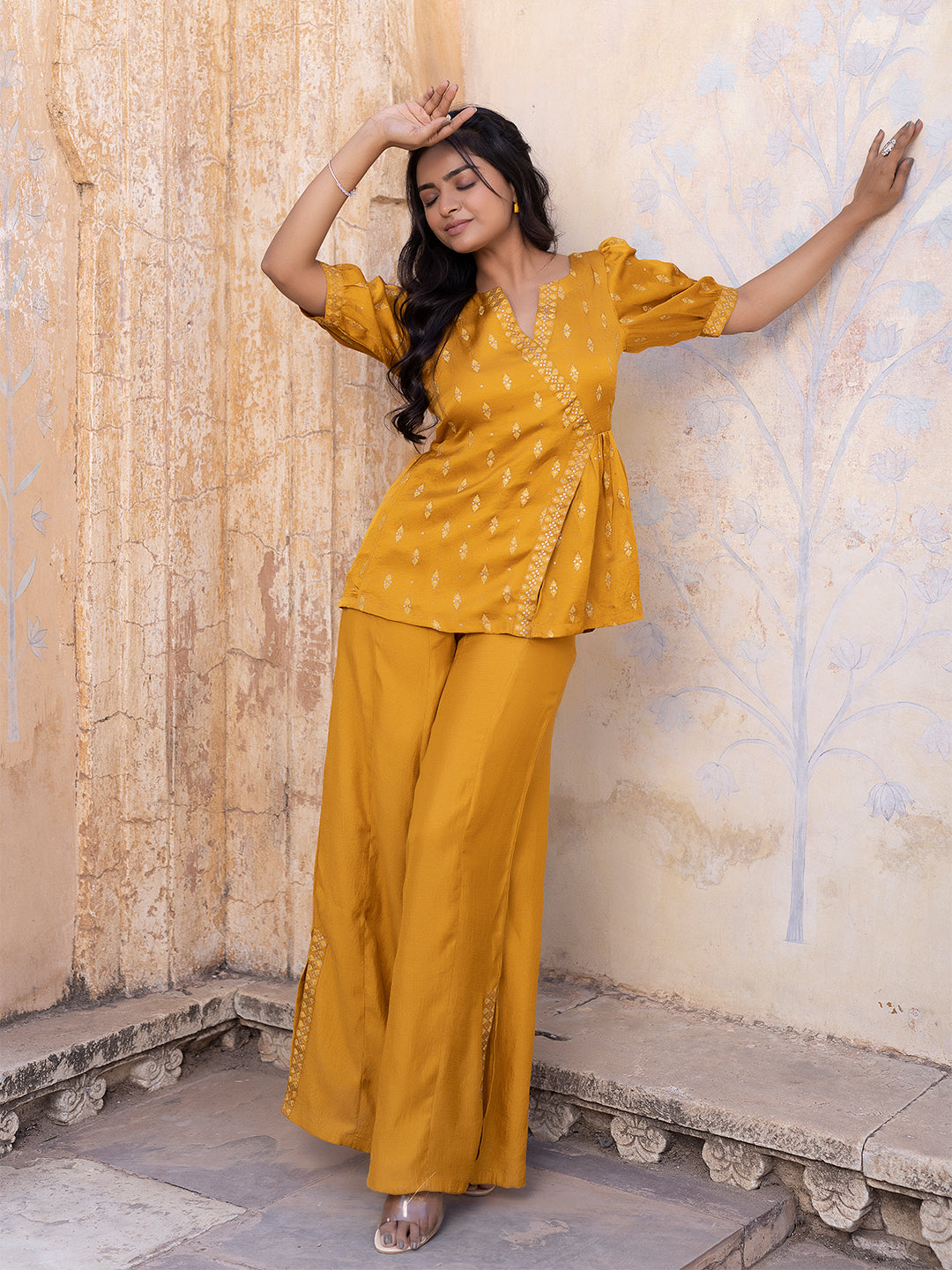 Autumn Blaze Mustard Mini-Silk Palazzo Set