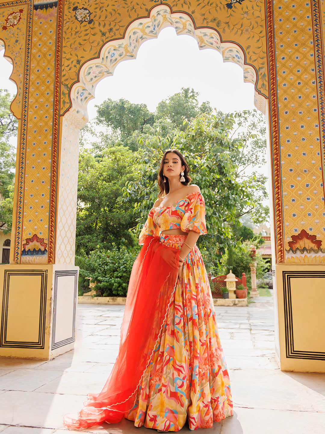 Yellow and Red Chinon Lehenga