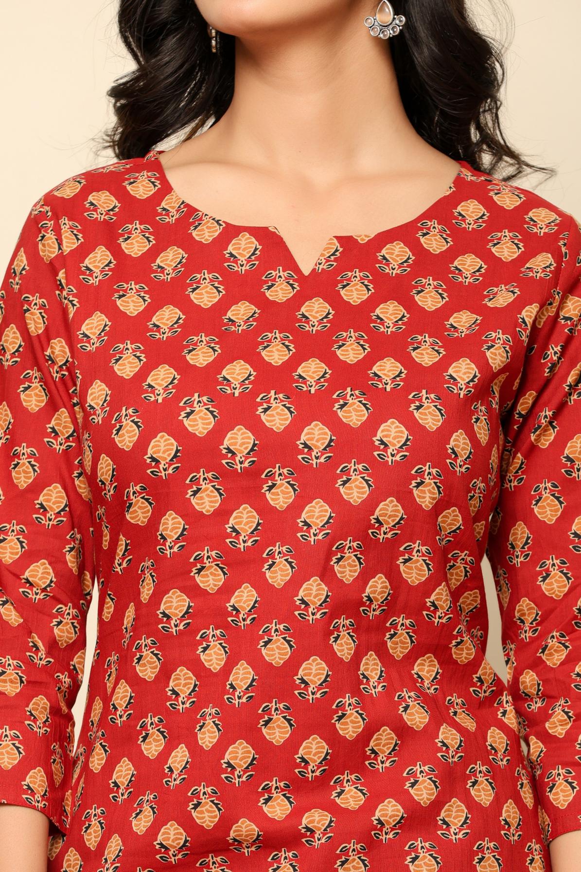 Red Printed Cotton Kurta Set - qivii
