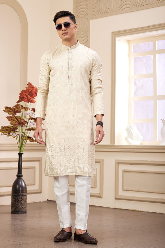Men's Art Silk Thread Work Kurta Pajama In Beige Colour