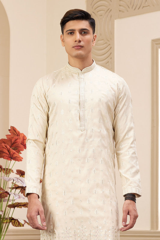 Men's Art Silk Thread Work Kurta Pajama In Beige Colour