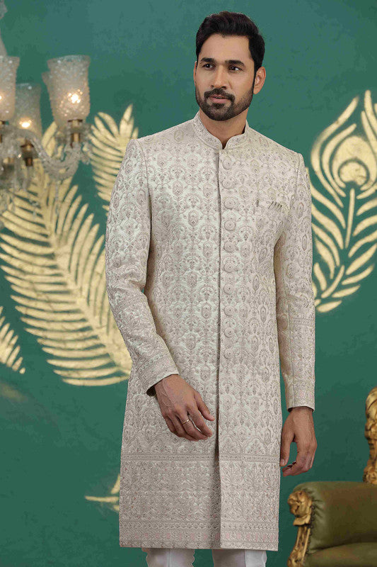 Men's Art Silk Thread Work Sherwani Set In Beige Color