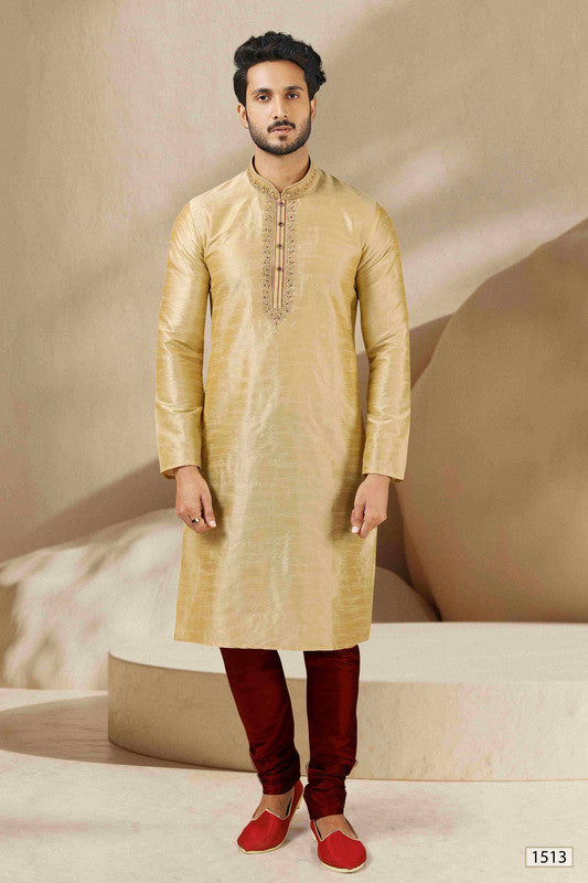 Men's Banarasi Art Silk Mirror Work Kurta Pajama In Beige Gold Colour