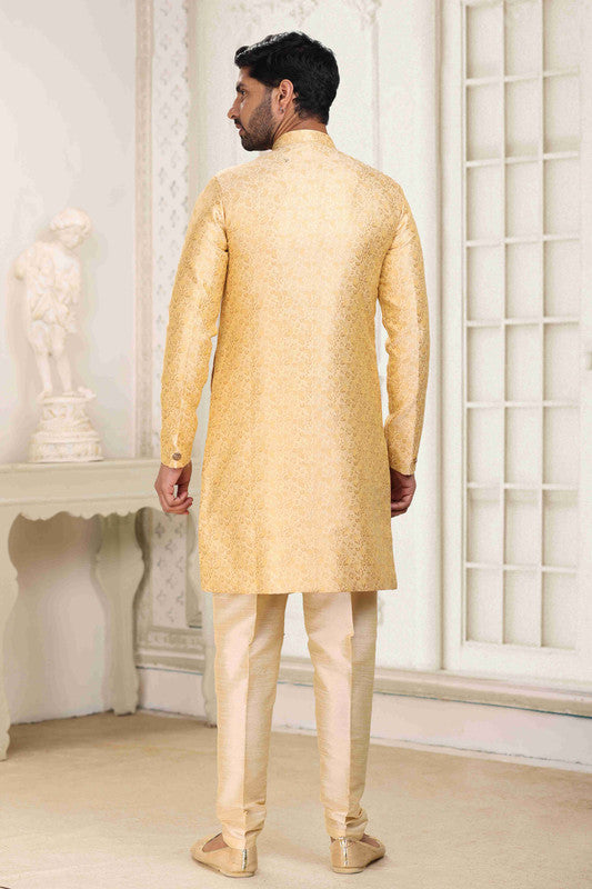 Men's Banarasi Jacquard Embroidery Semi Indo Western Sherwani In Cream Beige Colour