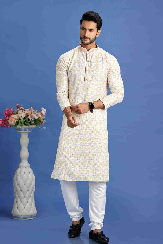 Men's Beige And Yellow Cotton Embroidery Collar Neck Pajama Set
