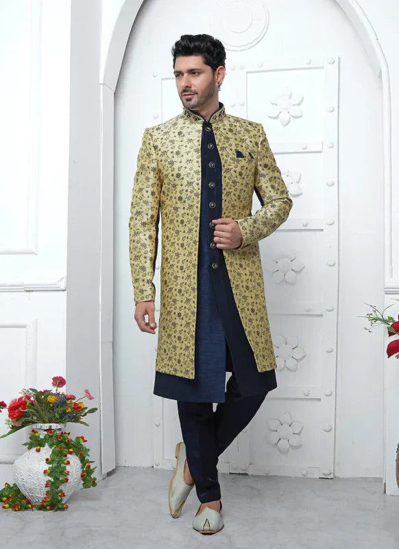 Men's Beige Blue Jacquard Silk Embroidery Indo Western Set
