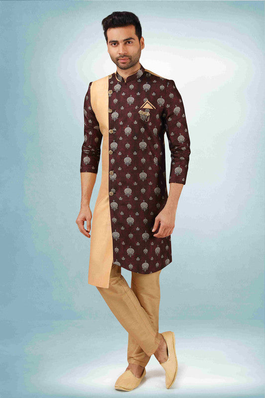 Men's Beige Brown Art Silk Printed Work Indo Western Set