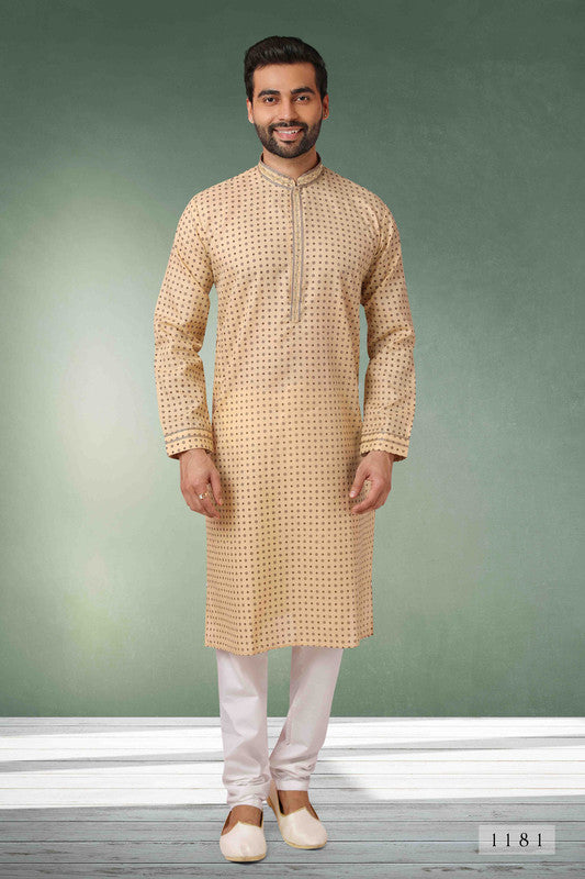 Men's Cotton Printed Work Kurta Pajama In Beige Colour