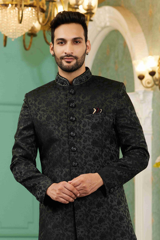 Men's Black Jacquard Silk Embroidery Sherwani Set