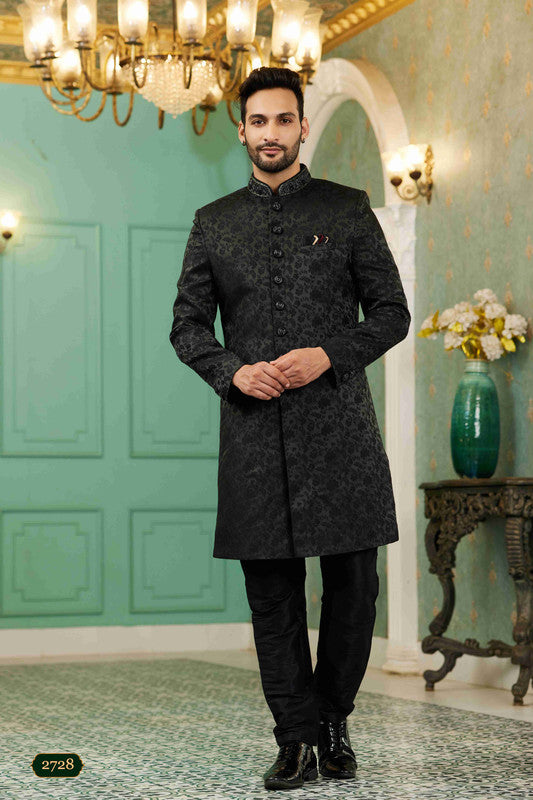 Men's Black Jacquard Silk Embroidery Sherwani Set
