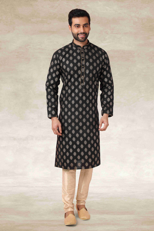 Men's Cotton Printed Work Kurta Pajama In Black Colour