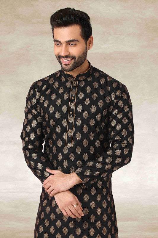 Men's Cotton Printed Work Kurta Pajama In Black Colour