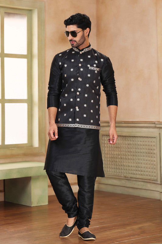 Men's Jacquard Banarasi Silk Woven Work 3 Pics Jacket Set In Black Colour