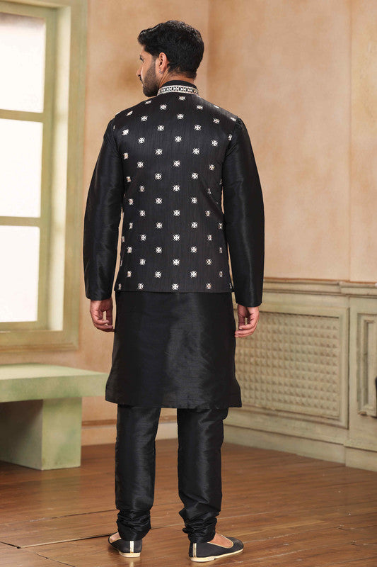 Men's Jacquard Banarasi Silk Woven Work 3 Pics Jacket Set In Black Colour