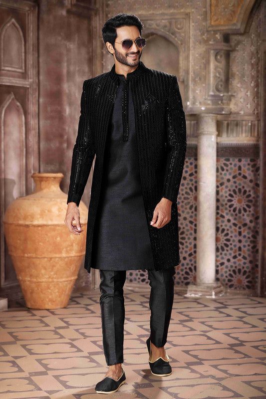 Men's Velvet And Art Silk Embroidery Work 3 Pcs Indo Jacket Set In Black Colour