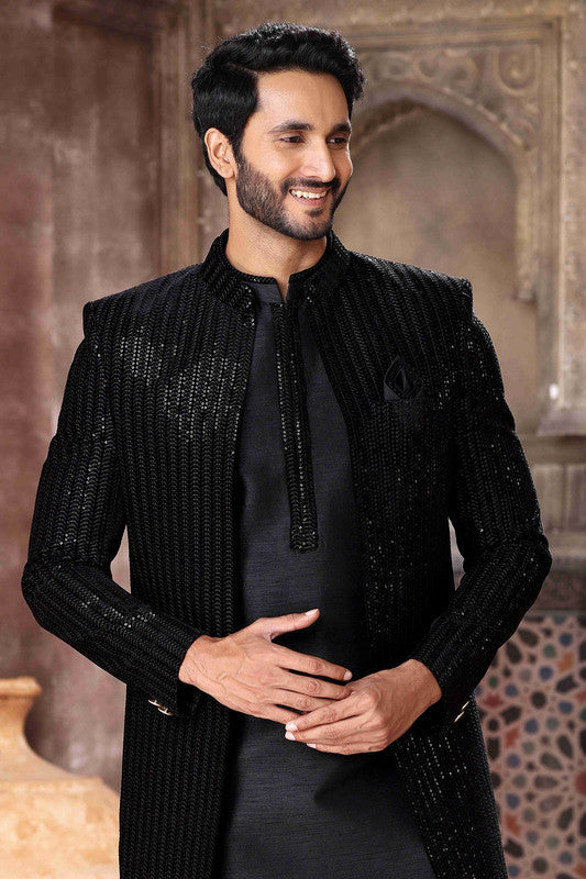 Men's Velvet And Art Silk Embroidery Work 3 Pcs Indo Jacket Set In Black Colour