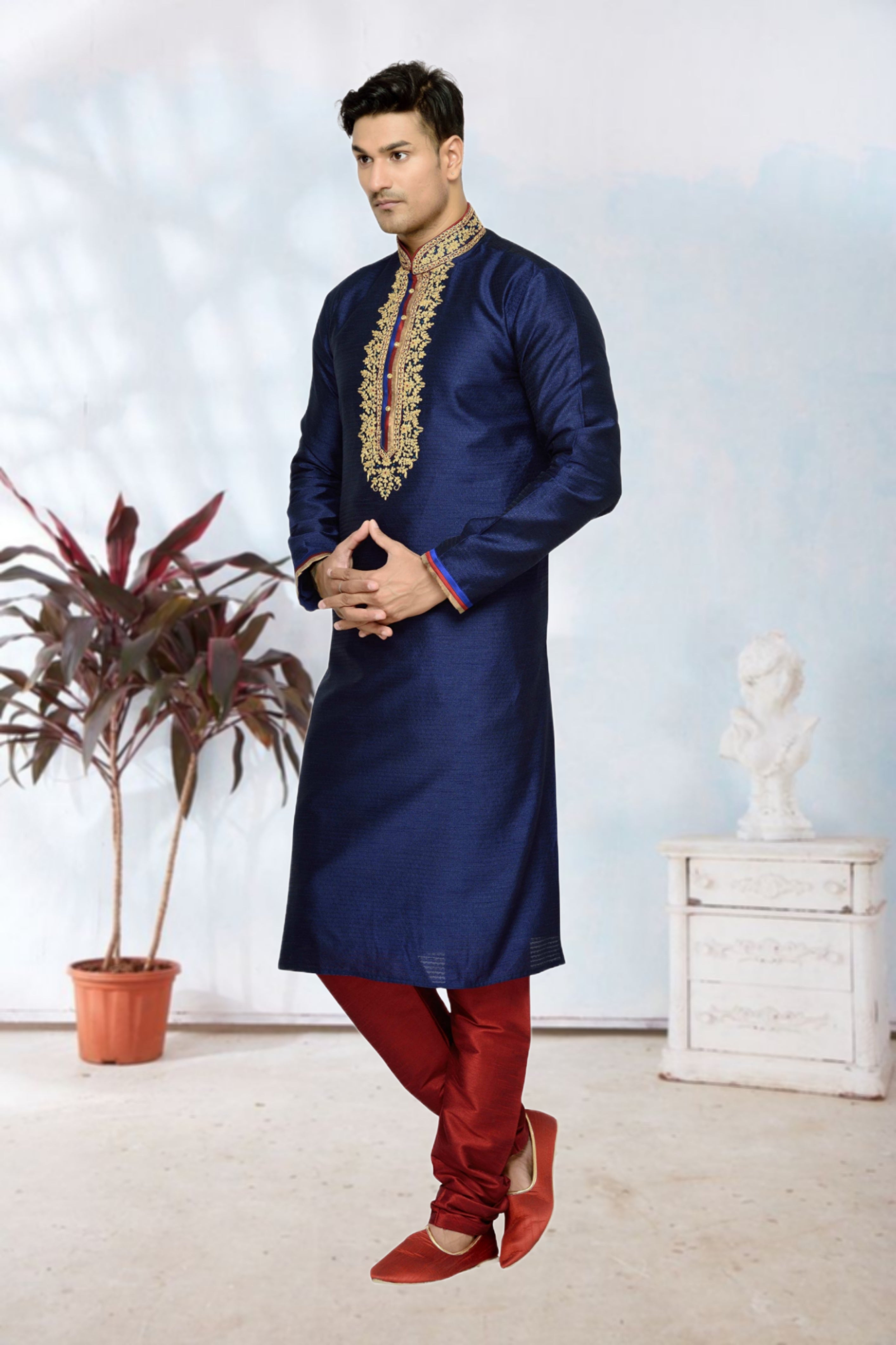 Men's Cotton Printed Work Kurta Pajama In Mustard Colour