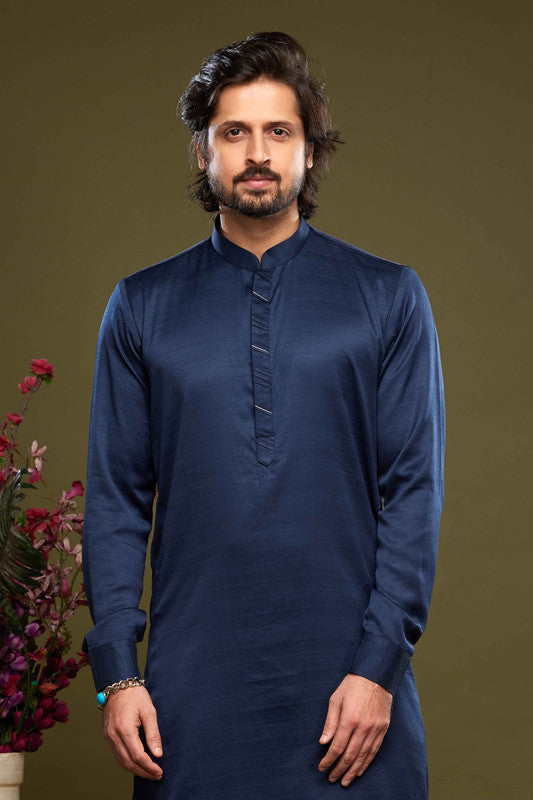 Men's Art Banarasi Silk Thread Work Kurta Pajama In Blue Colour