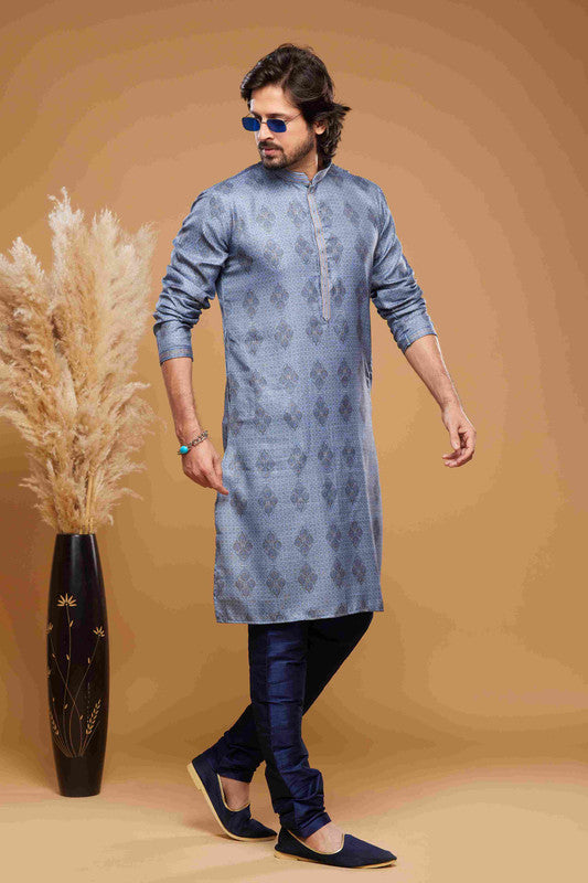 Men's Art Silk Digital Print Pintux Work Kurta Pajama In Blue Colour