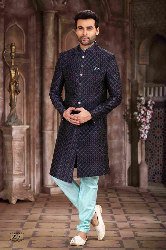 Men's Art Silk Digital Print Sherwani In Blue Colour