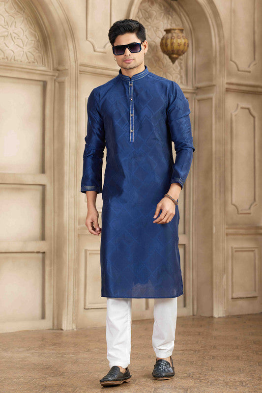 Men's Blue Brocade Art Silk Pintux Work Collar Neck Pajama Set