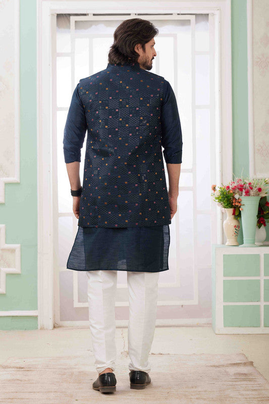 Men's Navy Blue Art Silk Embroidery Collar Neck Jacket Set