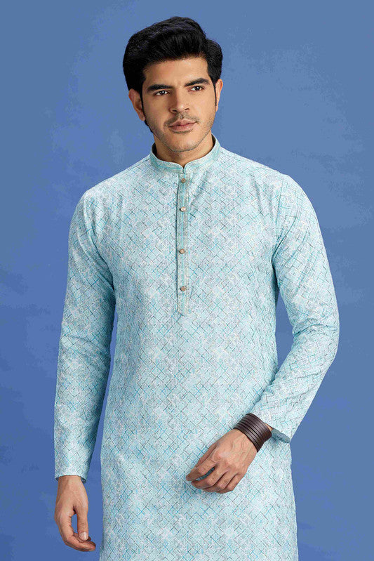 Men's Sky Blue Cotton Embroidery Collar Neck Pajama Set