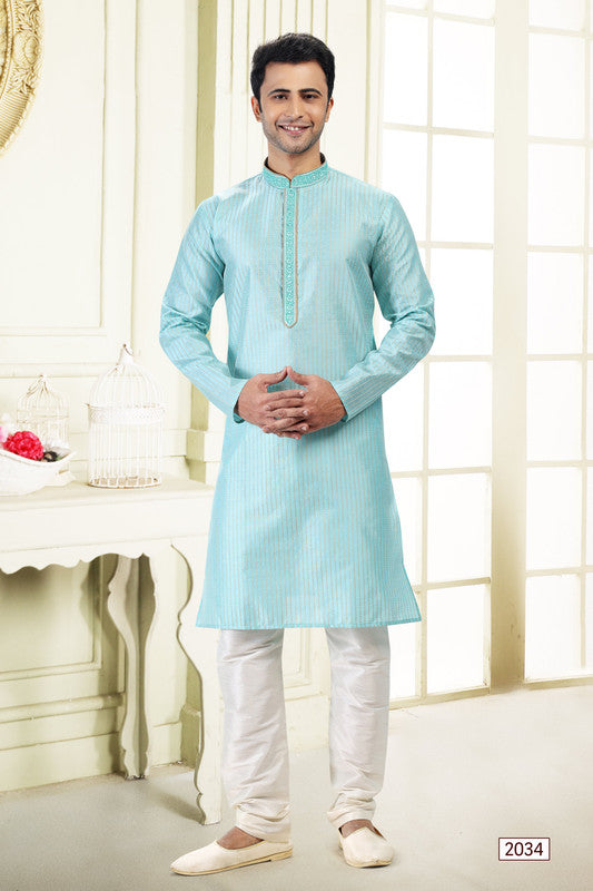Men's Sky Blue Jacquard Art Silk Thread Work Kurta Pajama Set