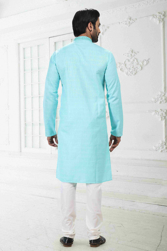 Men's Sky Blue Linen Cotton Thread Work Collar Neck Pajama Set