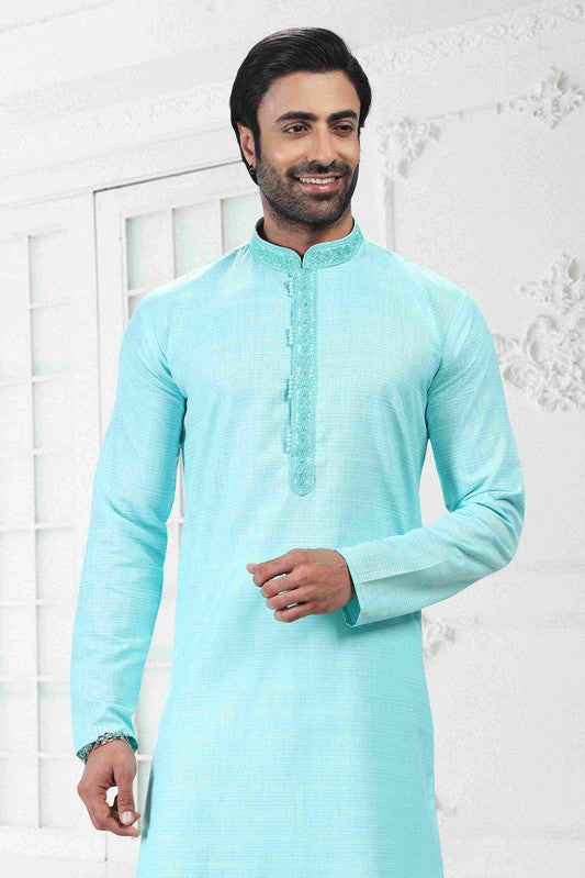 Men's Sky Blue Linen Cotton Thread Work Collar Neck Pajama Set