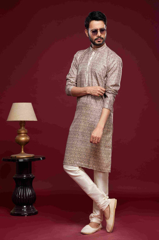 Men's Art Silk Digital Print Pintux Work Kurta Pajama In Brown Colour