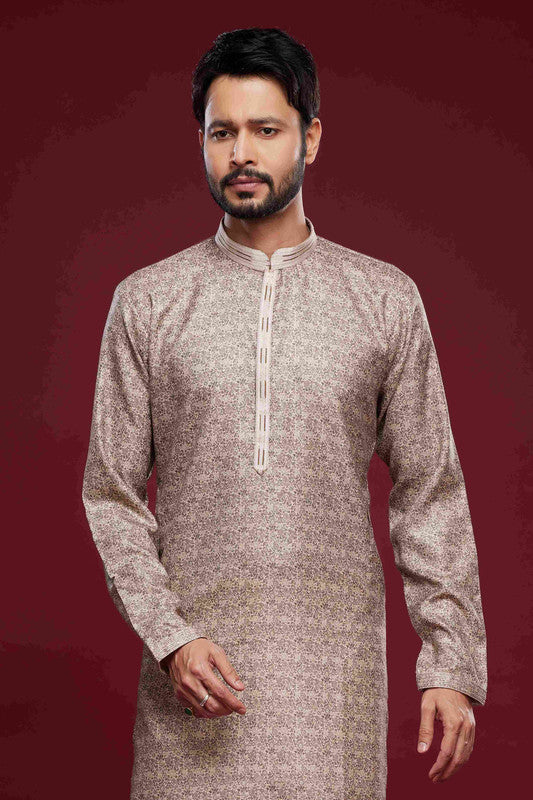 Men's Art Silk Digital Print Pintux Work Kurta Pajama In Brown Colour