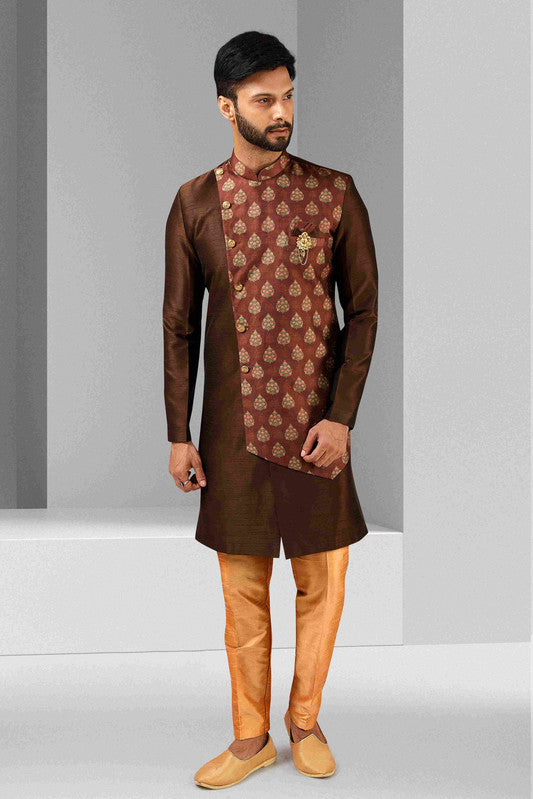 Men's Brown Art Silk Printed Work Indo Western Set